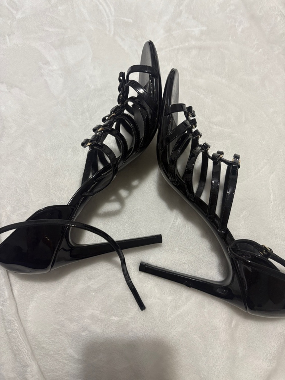Salvatore Ferragamo Black Multi-Strap Leather Heels with Gold Accents - Picture 3 of 6